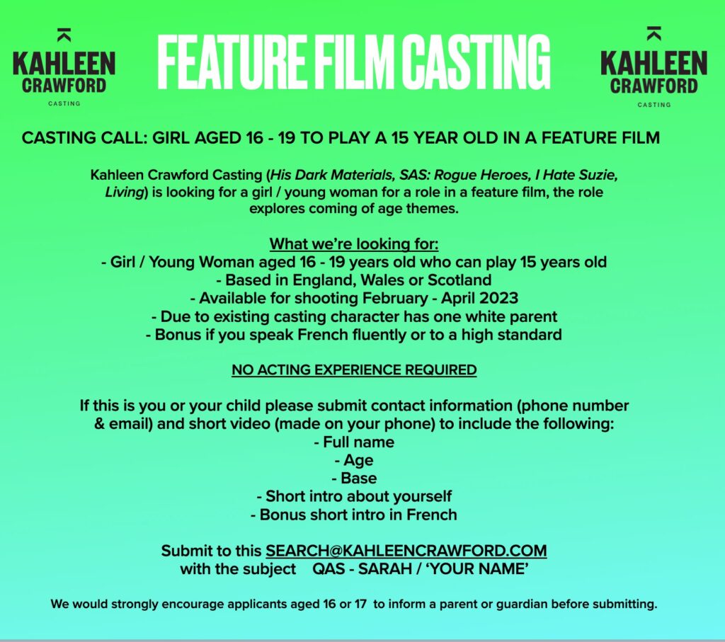 Casting Call Girl Aged 16 19 To Play A 15 Year Old In A Feature Film