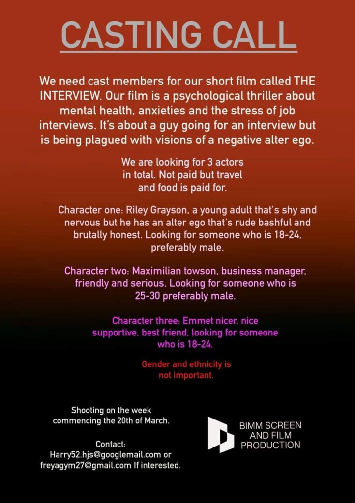 Need cast members for our short film called THE INTERVIEW. Looking for ...