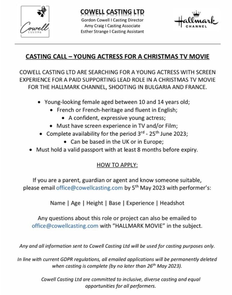 CASTING CALLYOUNG ACTRESS FOR A CHRISTMAS TV MOVIE COWELL CASTING LTD