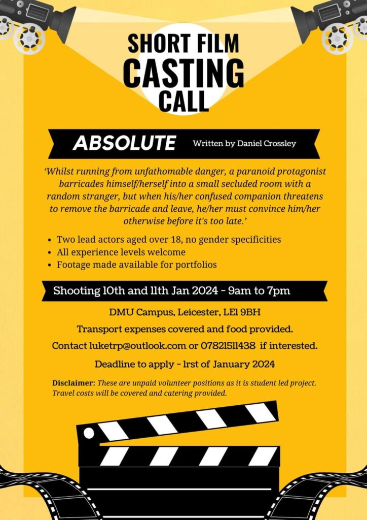 SHORT FILM CASTING CALL • Two lead actors aged over 18, no gender