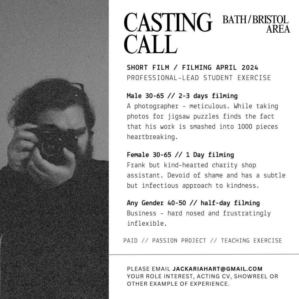 CASTING CALL BATH/BRISTOL AREA SHORT FILM / FILMING APRIL 2024