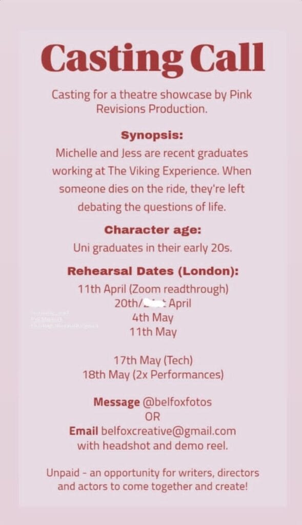 Casting for a theatre showcase by Pink Revisions Production. Synopsis